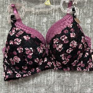 Thalia Sodi Black and Purple Floral Lace Bra Set (2) Push Up